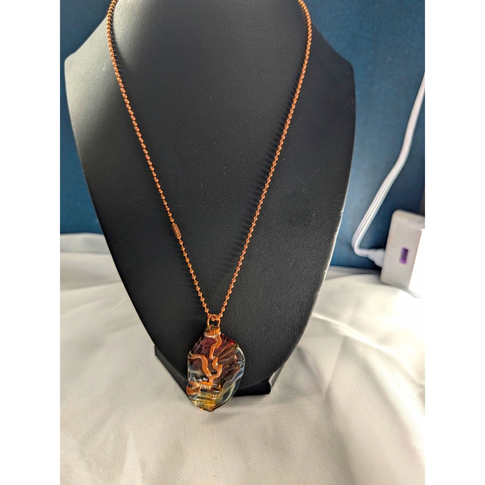 Artisan Copper Abstract Art Glass Pendant Necklace Ball Chain Boho Mixed Media